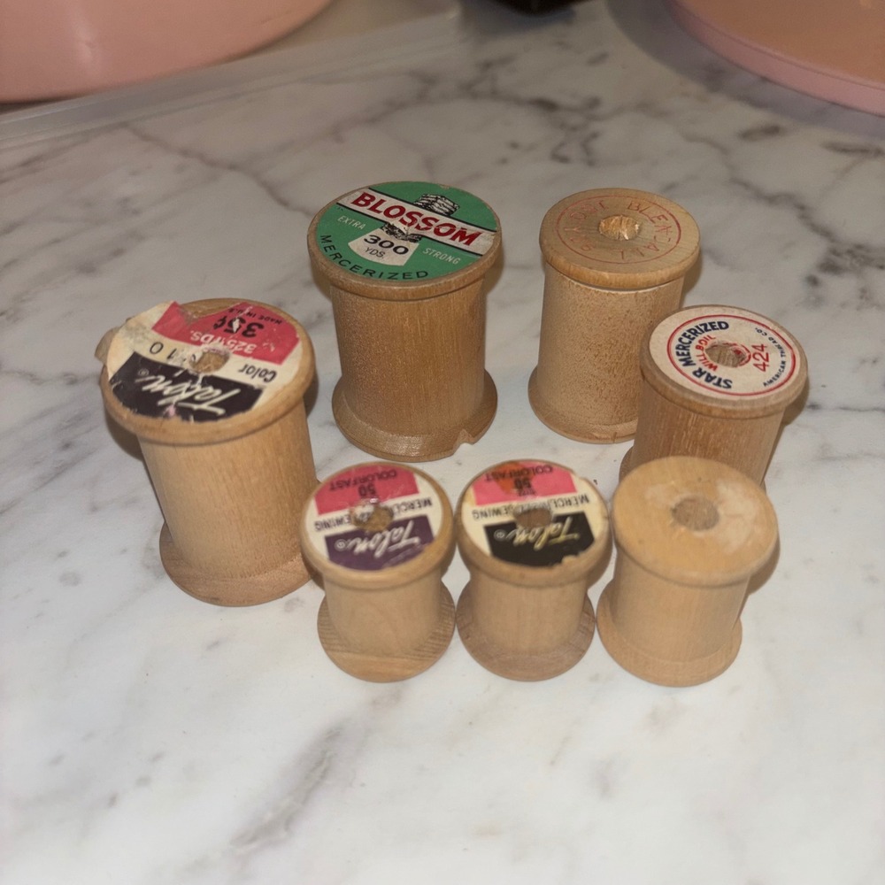 Vintage Wooden Thread Spools Lot of 7 Blossom Talon Star Mercerized Sewing Decor
